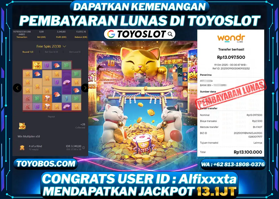 TOYOSLOT - BUKTI KEMENANGAN Lucky Neko Rp13,100,000,- LUNAS